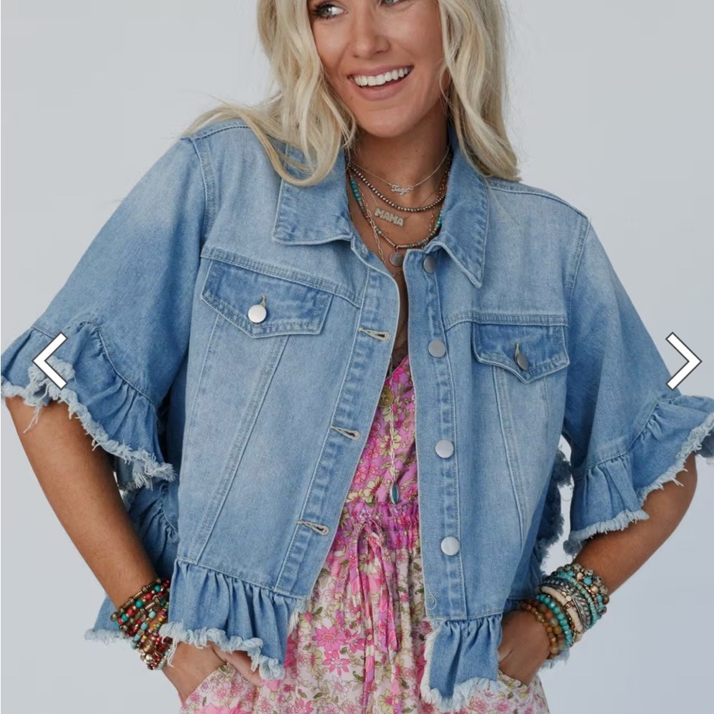 Three Birds Nest Scottie Ruffle Denim Jacket S/M | Boho Cropped Jacket| BNWT